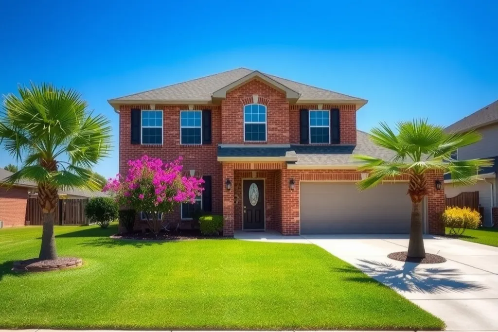 A two-storey brick suburban house with crape myrtle and a palm.
